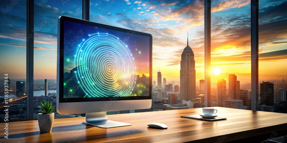 Aufkleber drone view exposes critical office data vulnerability: dual fingerprint access on desktops.