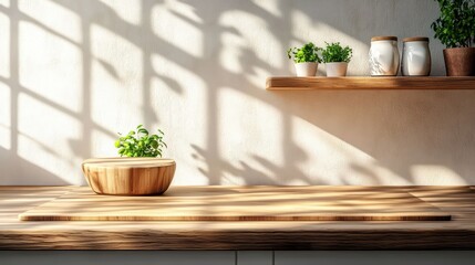 Sun-Dappled Kitchen Counter with Wooden Bowl and Herbs