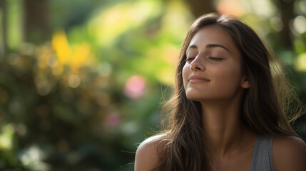 Obraz premium Serene woman with closed eyes in natural sunlight. Great for wellness, mindfulness, or natural beauty content.