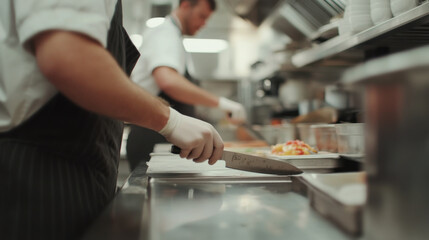 Professional chefs preparing dishes in busy kitchen, showcasing culinary skills and teamwork. focus is on knife handling and food presentation, creating vibrant atmosphere