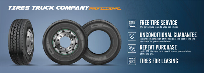 Front view, side view tires of a heavy truck lorry. Advertisement poster. Web design. Promotion. Simple background. © Strajinsky