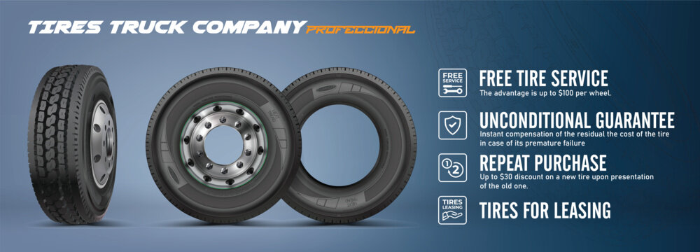 Front view, side view tires of a heavy truck lorry. Advertisement poster. Web design. Promotion. Simple background.