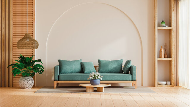 Modern living room interior with mint green sofa on the white wall in living room- 3D rendering