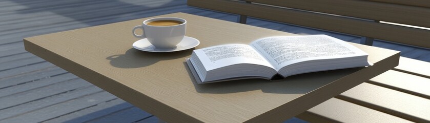 Obraz premium A cup of coffee beside an open book on a wooden table, suggesting relaxation and leisure.