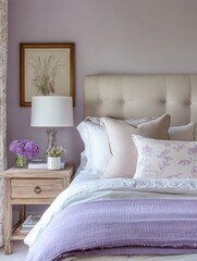 Lavender Bedroom Decor Featuring a Comfortable Bed and Nightstand