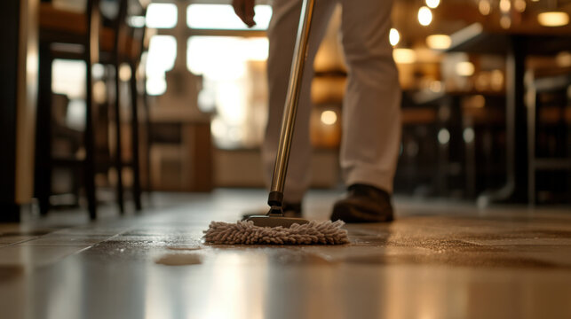 restaurant worker mops floor in dining area, ensuring cleanliness and hygiene. warm lighting creates welcoming atmosphere for guests