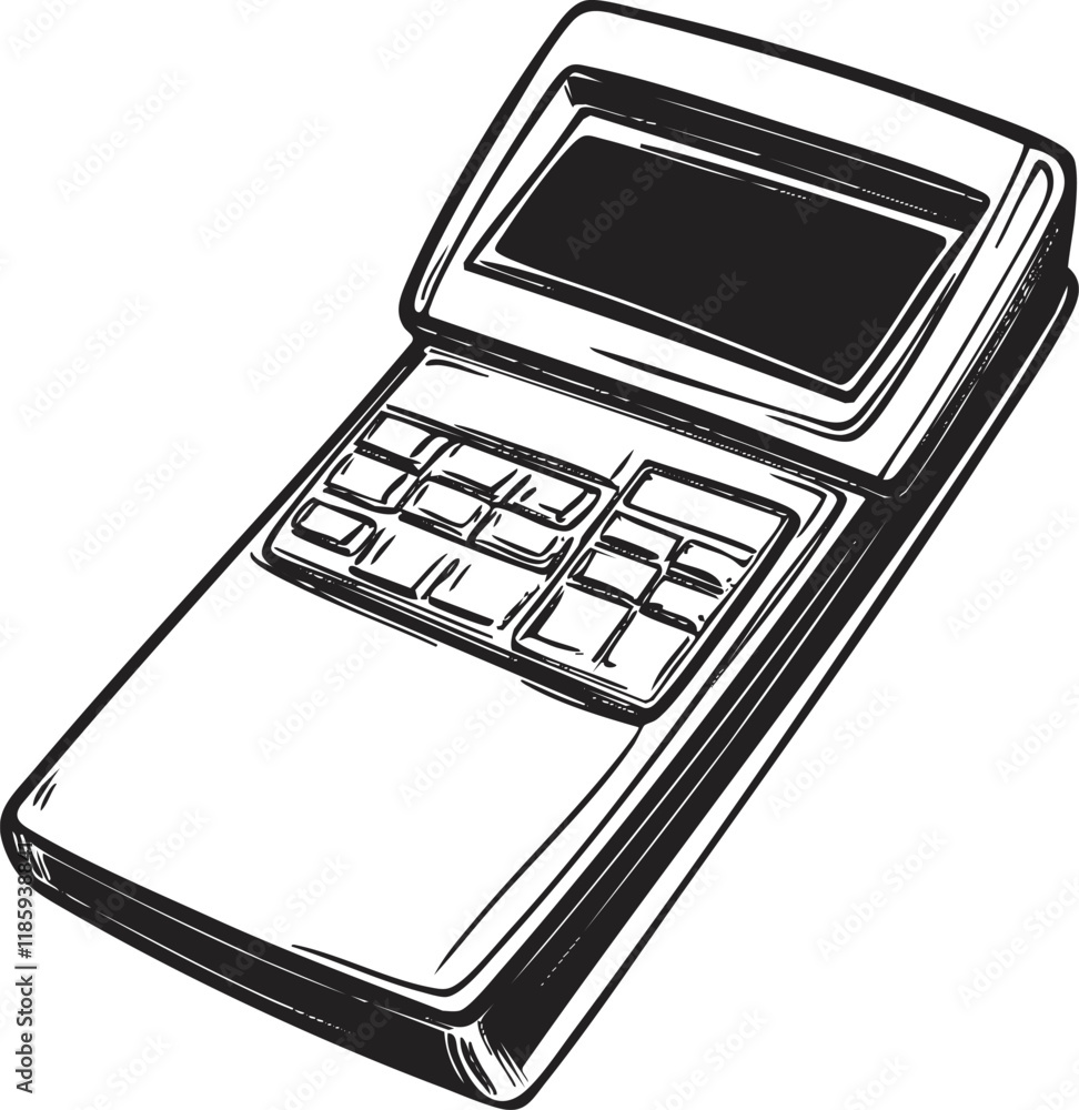 Poster vintage calculator sketch with buttons and digital display in black and white.