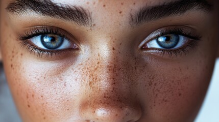Fototapeta premium Close-up portrait of a woman with beautiful eyes and makeup, showing detailed eyelashes, eyebrows, and skin features