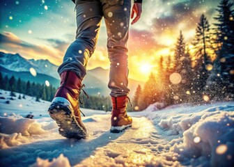 Frozen landscape, slow-motion trek, boots and snow merge, a winter's dream.