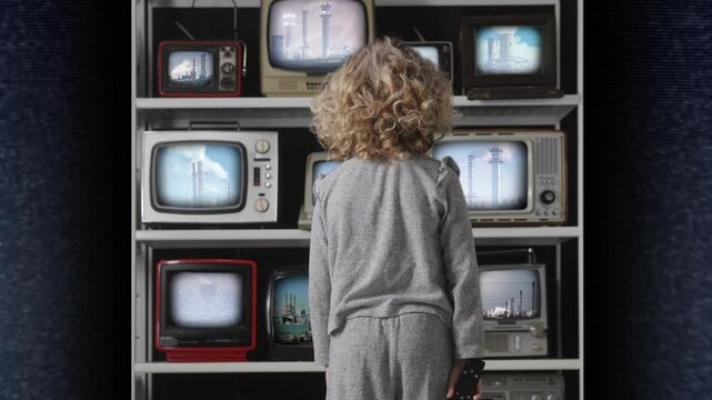 small girl watches a televisions wall with power stations on screens