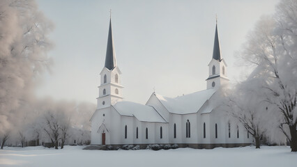 Snow Covered Church in Winter Landscape