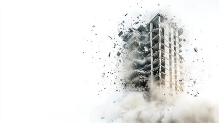 Old skyscraper demolished isolated on white background