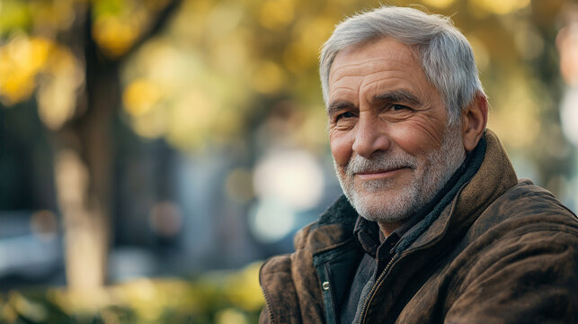 Senior man with gray beard smiling outdoors. Great for active aging, wisdom, or authentic senior lifestyle.