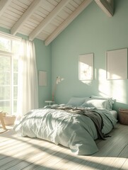 Fototapeta premium Serene Bedroom Design with Light Green Walls and Wooden Beams