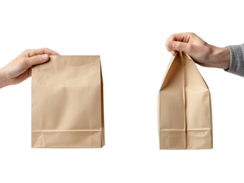 Hands Holding Plain Brown Paper Bags Isolated on transparent background