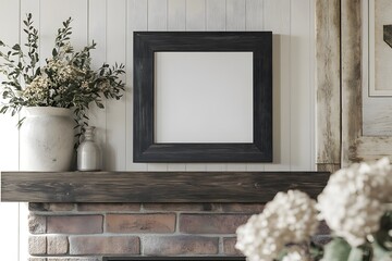 Blank frame mockup, fireplace mantel, rustic room, floral decor