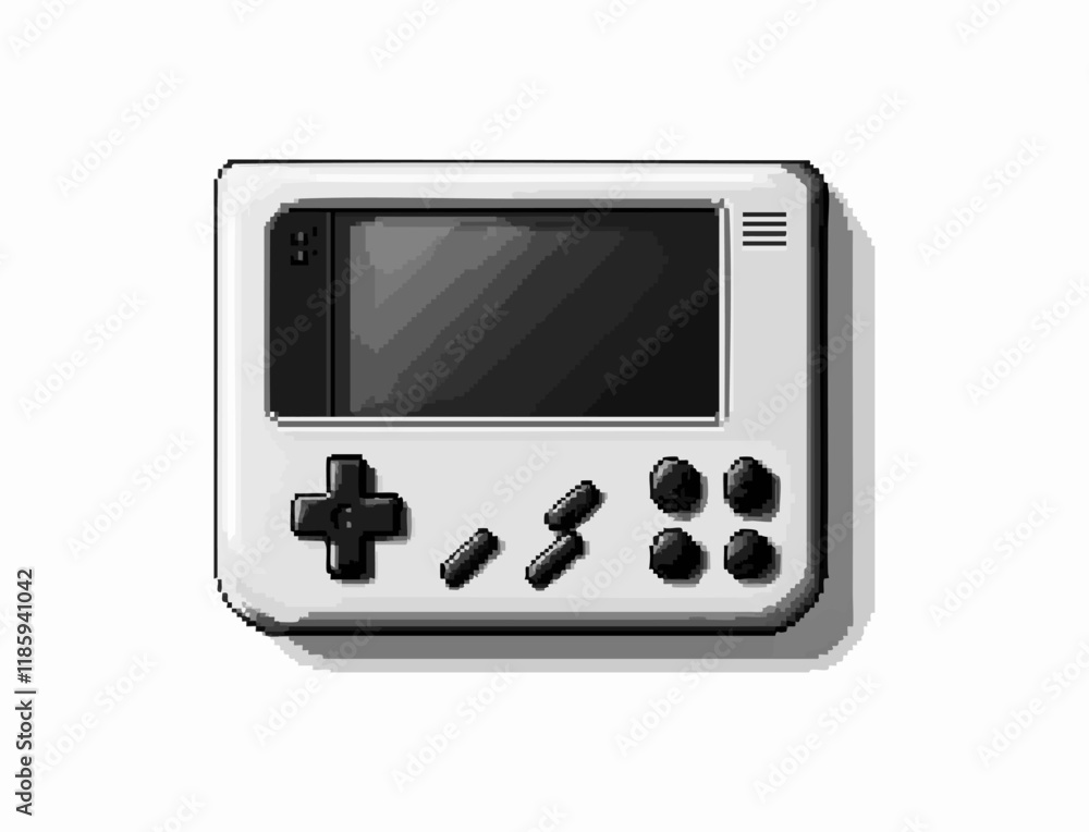 Poster retro handheld gaming console with monochrome design and control buttons.