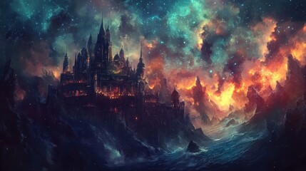Fototapeta premium Majestic Castle Perched Upon Rocky Cliffs Under a Starry Sky