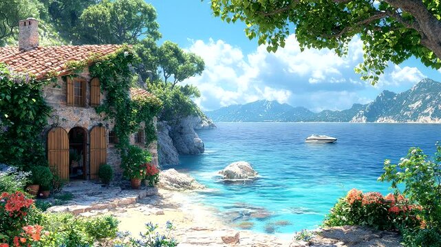 Charming seaside cottage surrounded by lush greenery and clear blue sea. Coastal concept