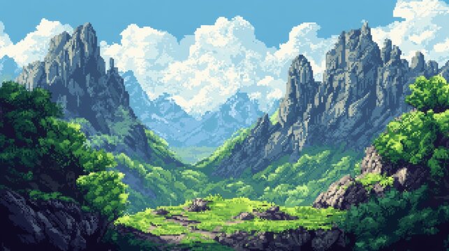 Arcade-inspired landscape design with precise pixel grid alignment. Features multiple terrain layers with authentic pixel dithering effects. Horizon line emphasizes classic video game depth