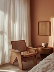 Wooden Chair Near Sheer Curtains In Sunlit Room