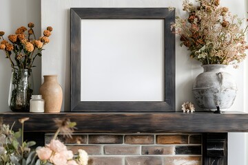Blank frame mockup fireplace autumn decor