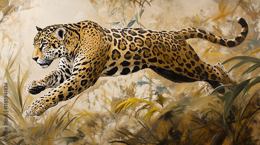 Poster a dynamic depiction of a leopard leaping through a lush, vibrant environment.