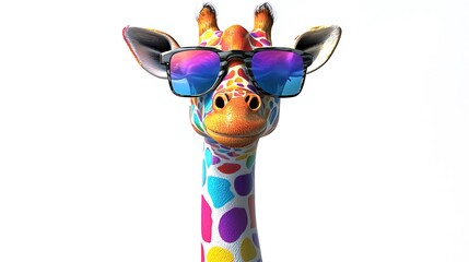 Cartoon colorful giraffe with sunglasses on white background