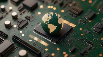 Fototapeta premium Green Earth Globe on Circuit Board Representing Technology Evolution