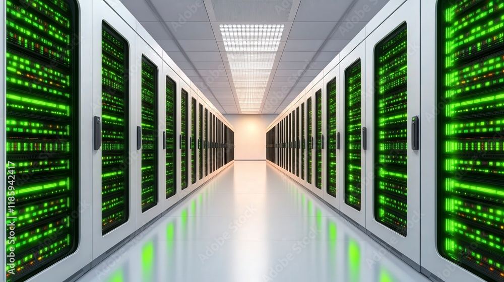 Poster modern data center with rows of green-lit server racks and technology