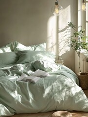 Sage Green Bedding Sunlit Bedroom Scene