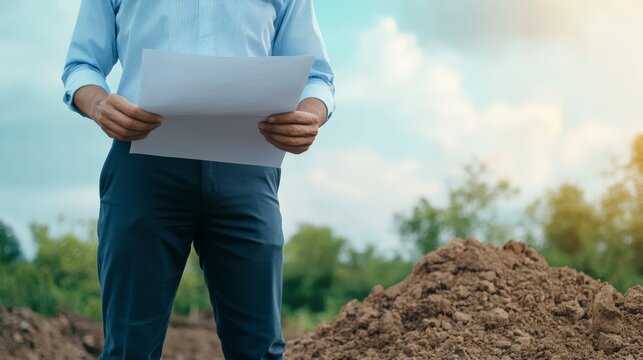 Man Holding Blueprint Standing Near Construction Site Background