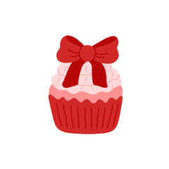 Coquette cupcake decorated with whipped cream, cute red bow. Sweet muffin in red paper cup. Baked dessert, sugar snack, small cakes. Flat vector clipart
