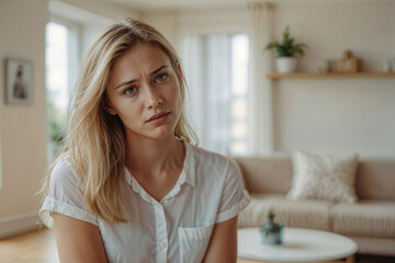 Obraz premium Sad blonde woman with long hair is sitting on a couch at home. Stressed, problem in family
