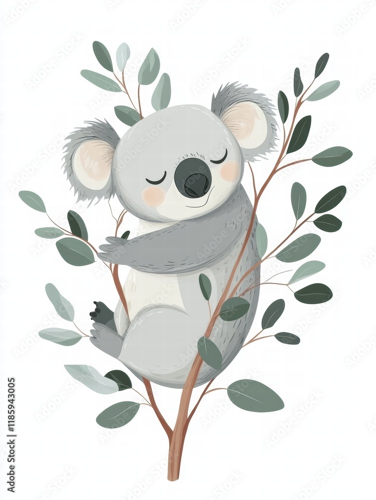 Poster cute koala resting on eucalyptus branch in a serene setting with green leaves around. generative ai