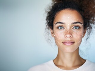 A calm and elegant image of an adult woman with subtle wrinkles and a serene expression. The AI face detector lines highlight natural beauty and industry advancements.