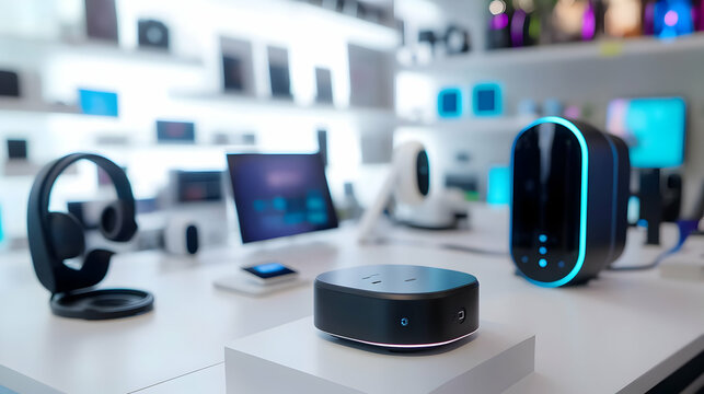 Smart home devices displayed in tech store.