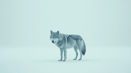 Gray wolf standing in a snowy, minimalist setting.