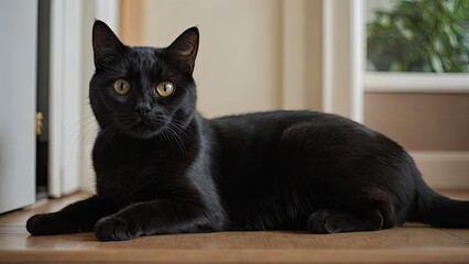 Black british shorthair cat laying on the floor indoor