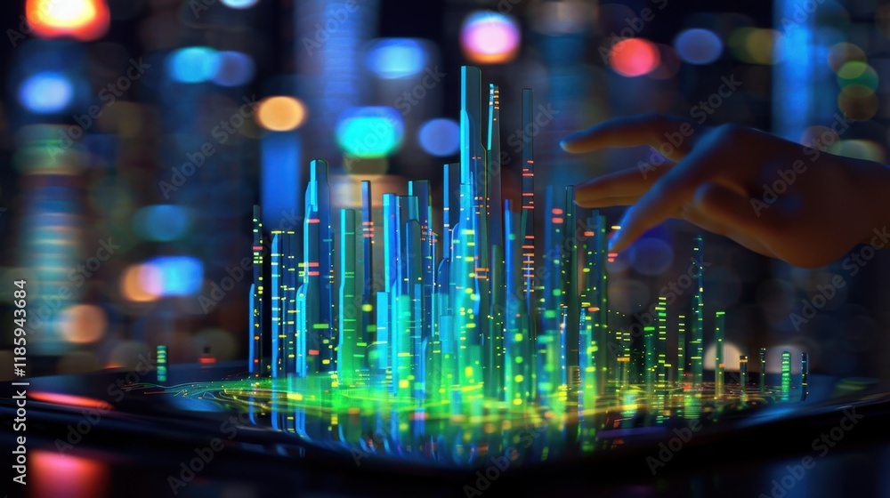 Poster digital data visualization with vibrant colors and glowing bars, showcasing technology and innovatio