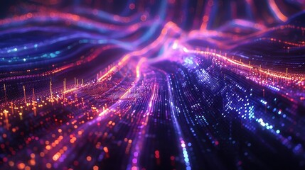 Fototapeta premium Vibrant abstract digital landscape with glowing lines and particles, creating sense of depth and movement. Perfect for technology and futuristic themes