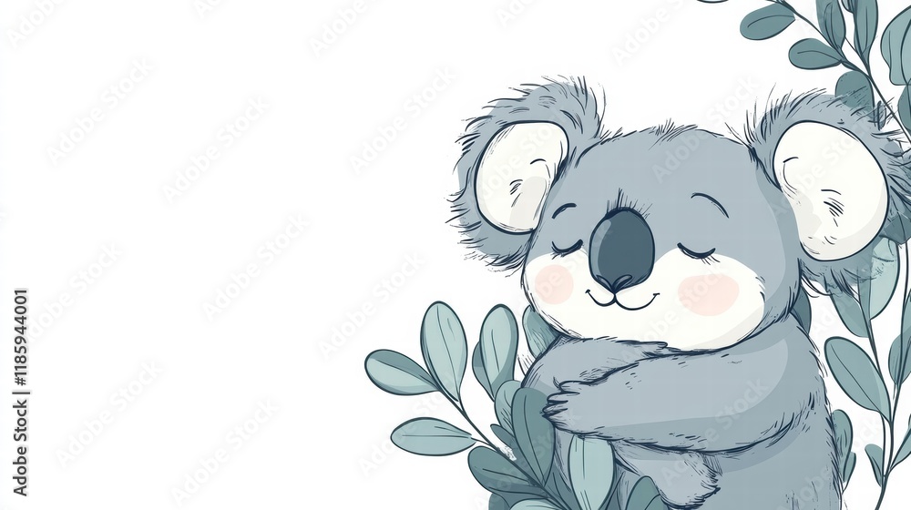 Aufkleber cute koala hugging a leafy branch surrounded by eucalyptus leaves in a serene setting. generative ai