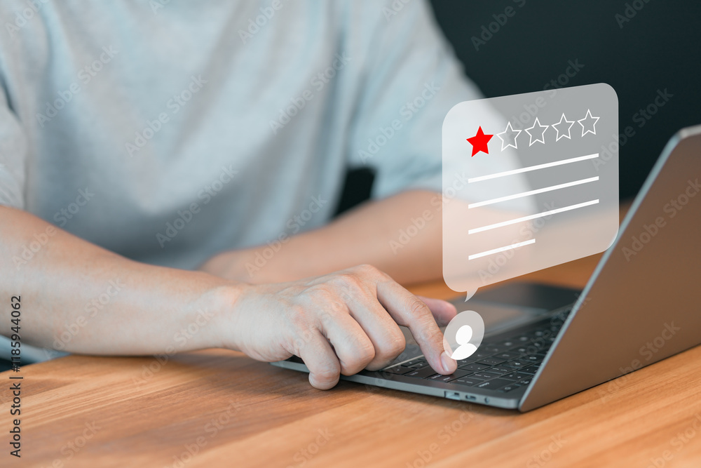 Poster reviews and feedback online with rate 1 star on virtual screen. assessment testimonial review for di