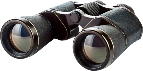 Vintage dark brown binoculars isolated transparent background close up view