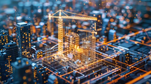 3D construction site model with cranes and buildings in cityscape, showcasing modern architecture and urban development. vibrant lights create dynamic atmosphere