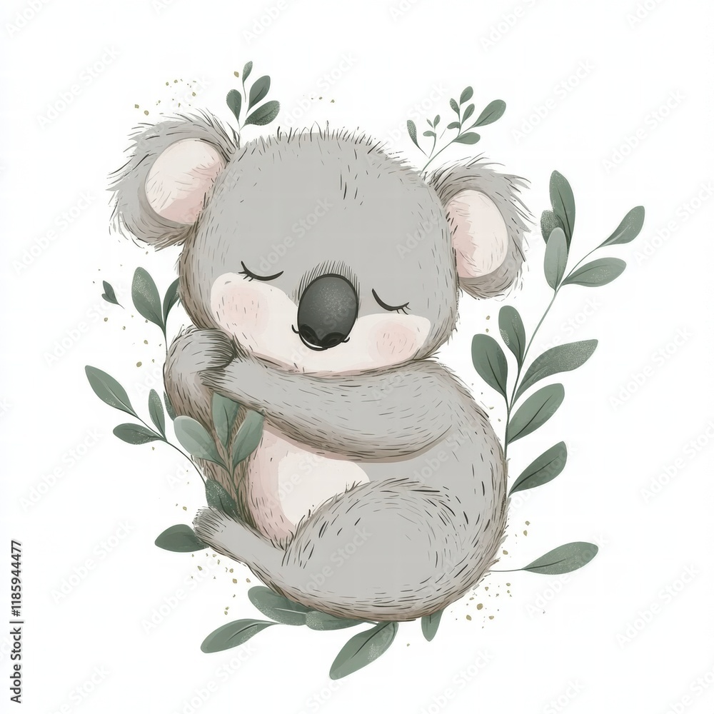 Poster cute koala cuddling with leaves in a peaceful setting surrounded by gentle plants during a warm day.
