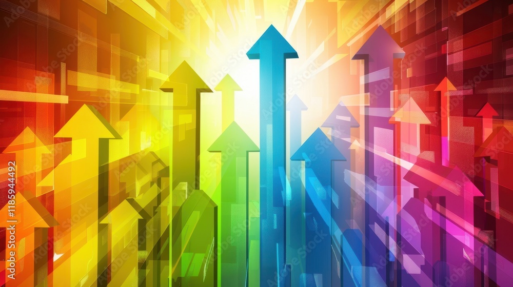 Poster Colorful arrows pointing upward symbolize growth and progress in vibrant, abstract design. This dynamic image conveys sense of optimism and forward movement