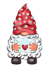 Valentine's Day Gnome. Watercolor illustration. Hand drawn