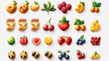 Top-down view of organized slot machine asset collection, professional gaming UI kit, sleek modern interpretation of classic fruit symbols, cohesive color palette with gold accents, soft gradient