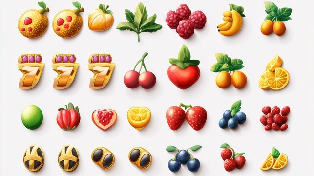 Top-down view of organized slot machine asset collection, professional gaming UI kit, sleek modern interpretation of classic fruit symbols, cohesive color palette with gold accents, soft gradient